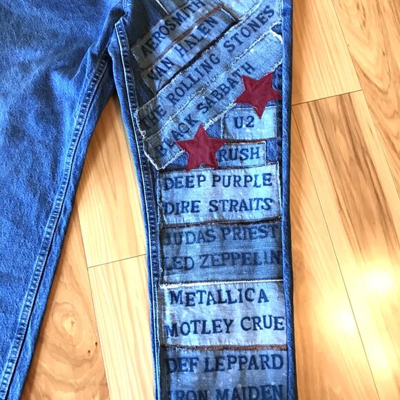 Women’s Patchwork Jeans, Size 16P: 1980s Rock Band Patches, Retro Hippie Pants - Picture 9 of 11